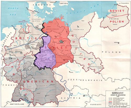 "Germany occupation zones with border" by US Army - Modified version of http://www.globalsecurity.org/military/library/report/other/us-army_germany_1944-46_map3.htm. Licensed under Public Domain via Wikimedia Commons - http://commons.wikimedia.org/wiki/File:Germany_occupation_zones_with_border.jpg#mediaviewer/File:Germany_occupation_zones_with_border.jpg